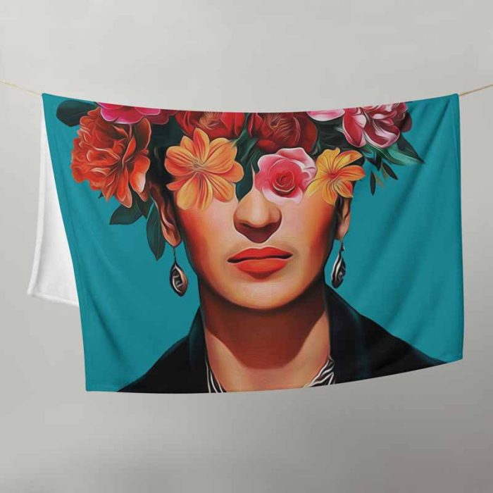 Frida Kahlo Floral Portrait Art Print, Surreal Portrait, Mexican Art, Flower Crown, Pop Art Style Throw Blanket - Image 6