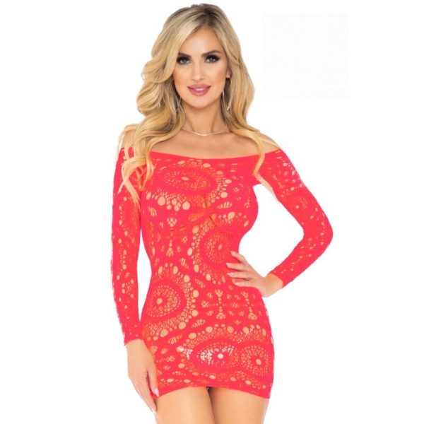 LEG AVENUE CROCHÊ RENDA MANGA LONGA MINI VESTIDO CORAL TAMANHO ÚNICO