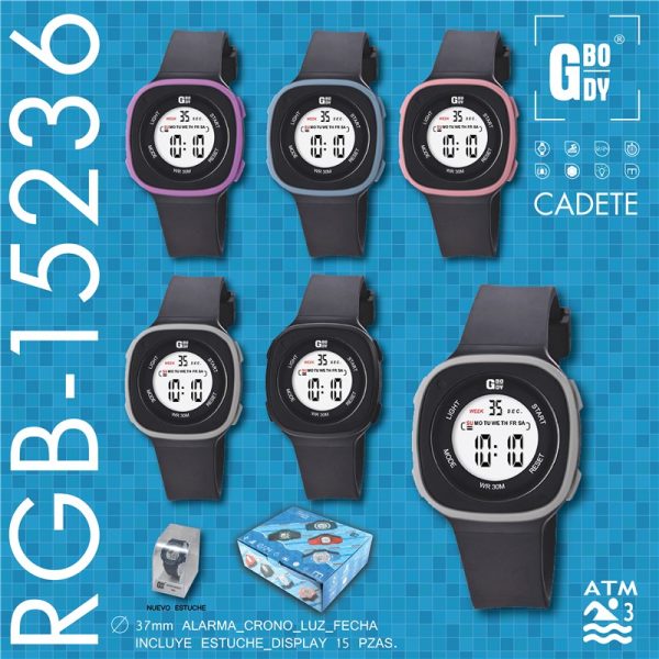 RELOJ G&B LCD CADETE CUAD.CURVO NEG/COLOR C/ESTUCHE