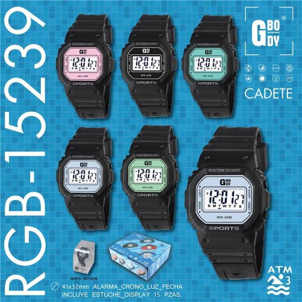 RELOJ G&B LCD CADETE/UNISEX CUAD.NEGRO/COLOR C/ESTUCHE