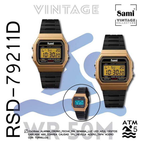 RELOJ SAMI VINTAGE LCD WR50M ALARMA/CRONO/FECHA/LUZ