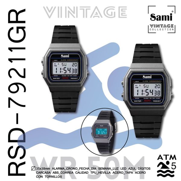 RELOJ SAMI VINTAGE LCD WR50M ALARMA/CRONO/FECHA/LUZ