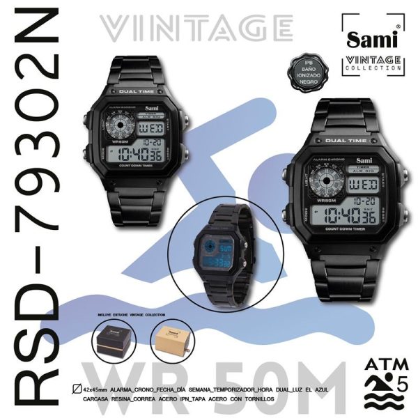 Reloj Sami Vintage cuad LCD WR50M acero IPN ajustable