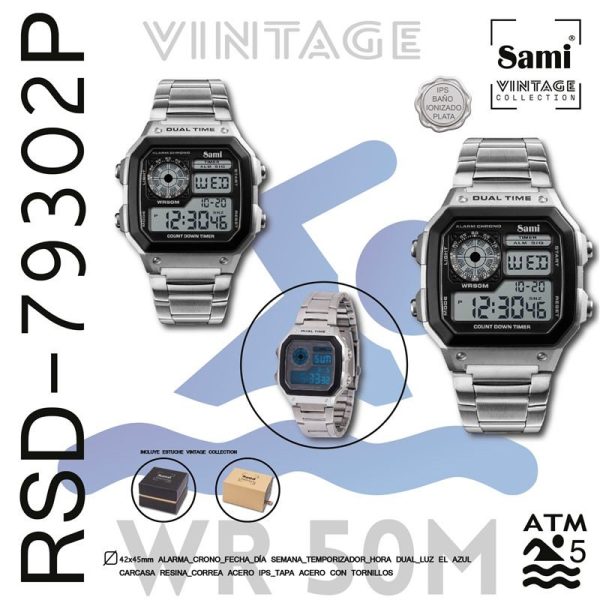 Reloj Sami Vintage cuad LCD WR50M acero ajustable