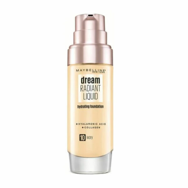 Maybelline Dream Radiant Liquid Tono 10 Ivory Base De Maquillaje Hidratante Con Ácido Hialurónico y Cólageno, Para Pieles Oscuras - 30ml